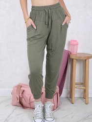 Drawstring Waist Pleated Detail Jogger - Olive Green