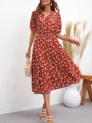 Drop Collar Floral Print Swing Dress - Red