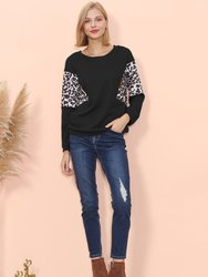 Drop Shoulder Two Tone Leopard Sweater - Black