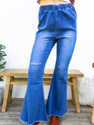 Elastic Waist Distressed Flared Long Bell Bottom Denim Jeans - Blue