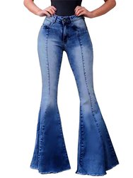 Elastic Waist Distressed Flared Long Bell Bottom Denim Jeans - 02 Dark Denim