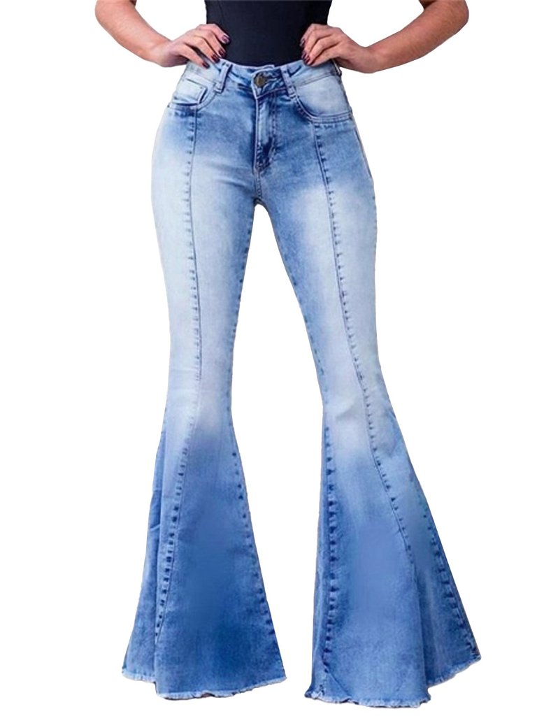 Elastic Waist Distressed Flared Long Bell Bottom Denim Jeans - 02 Blue