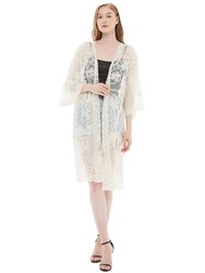 Embroidered Floral Butterfly Kimono Cardigan - Beige