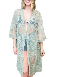 Embroidered Floral Butterfly Kimono Cardigan - Green