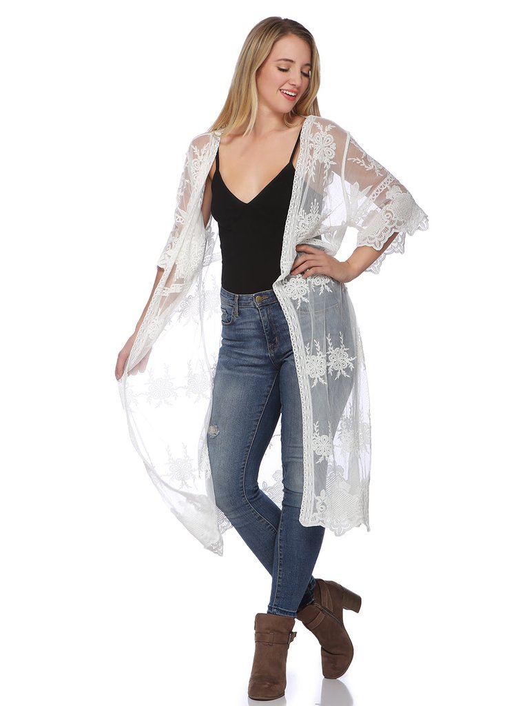 Embroidered Floral Butterfly Kimono Cover Up Cardigan - Ivory