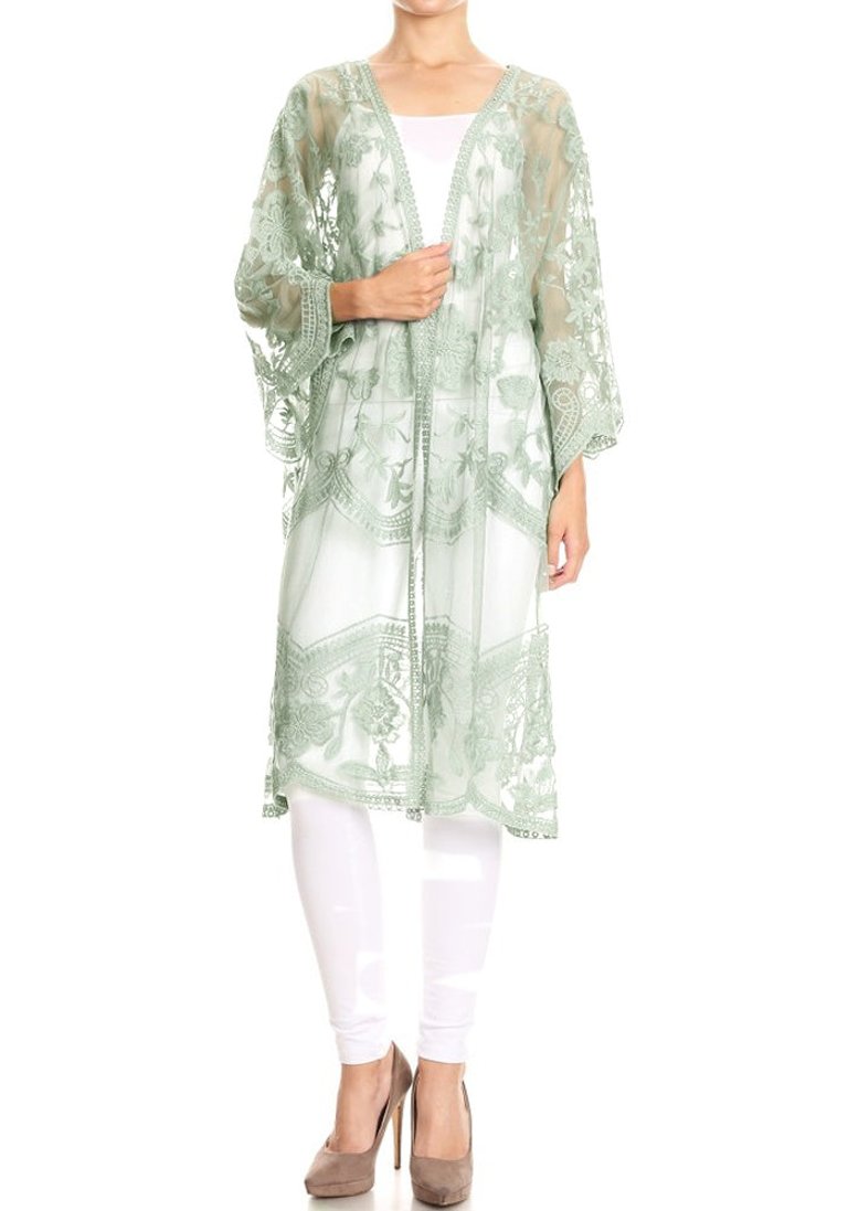 Embroidered Floral Butterfly Kimono Cover Up Cardigan - Green