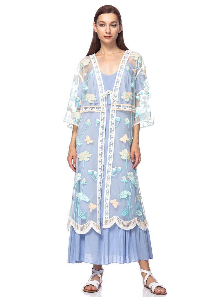 Embroidered Floral Butterfly Kimono Cover Up Cardigan - Blue and White