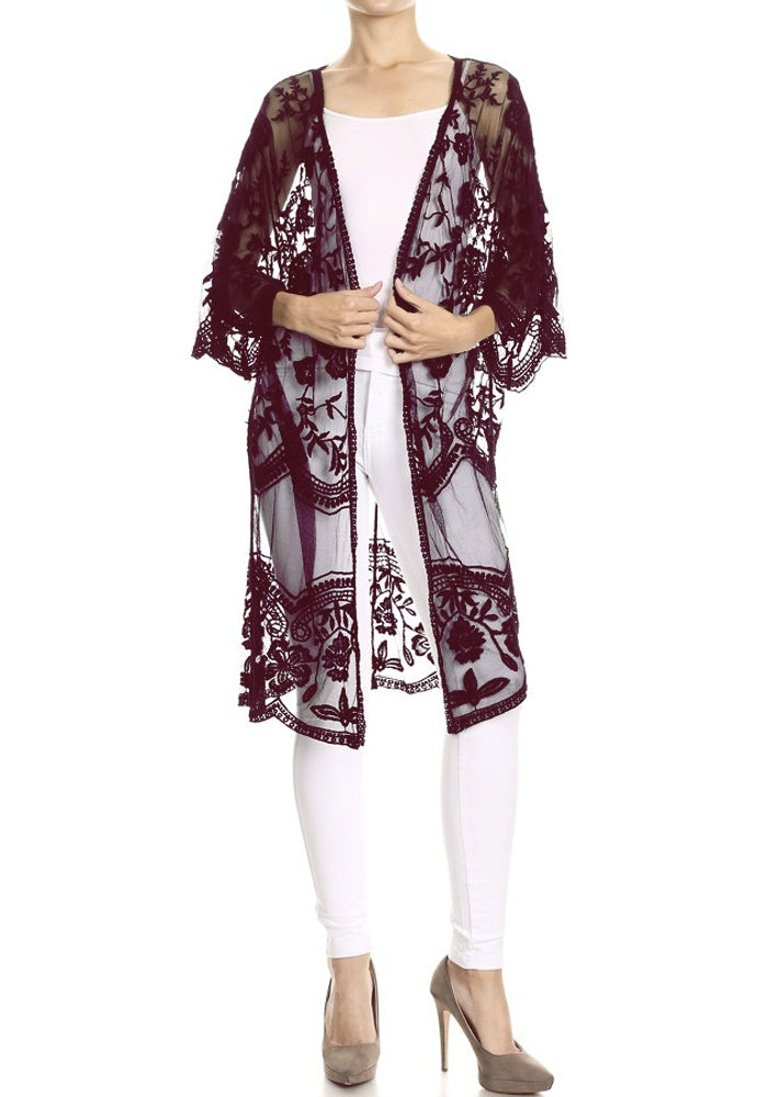 Embroidered Floral Butterfly Kimono Cover Up Cardigan - Burgundy