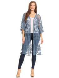 Embroidered Floral Butterfly Kimono Cover Up Cardigan - Blue