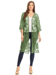 Embroidered Floral Butterfly Kimono Cover Up Cardigan - Olive
