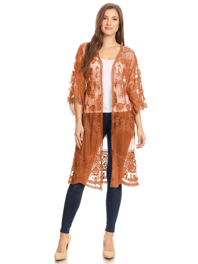 Embroidered Floral Butterfly Kimono Cover Up Cardigan - Rustic Orange