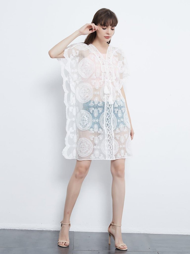 Embroidered Mesh Sheer Midi Dress - White