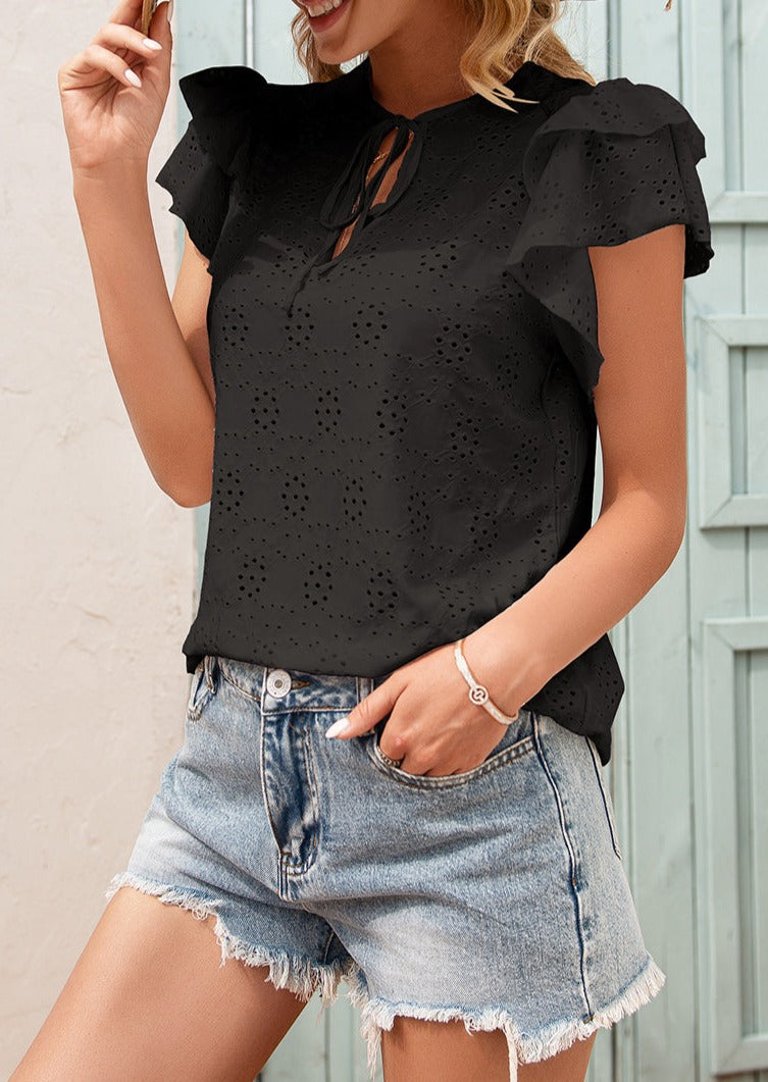 Eyelet Ruffle Sleeve Tie Blouse - Black