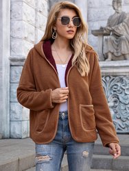 Fleece Open Front Pocket Hoodie - Brown