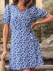 Floral Button Detail Wrap Dress - Blue