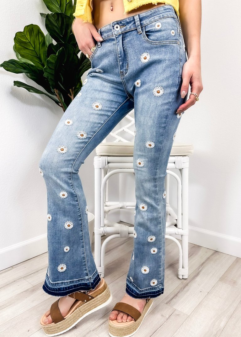 Floral Daisy Embroidered Mid Rise Bell Bottom Flare Frayed Hem Jeans - Light Denim