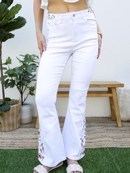 Floral Daisy Embroidered Mid Rise Bell Bottom Flare Frayed Hem Jeans - Off White