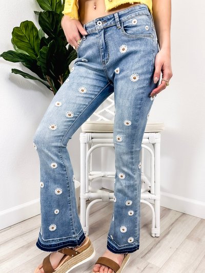 Anna-Kaci Floral Daisy Embroidered Mid Rise Bell Bottom Flare Frayed Hem Jeans product