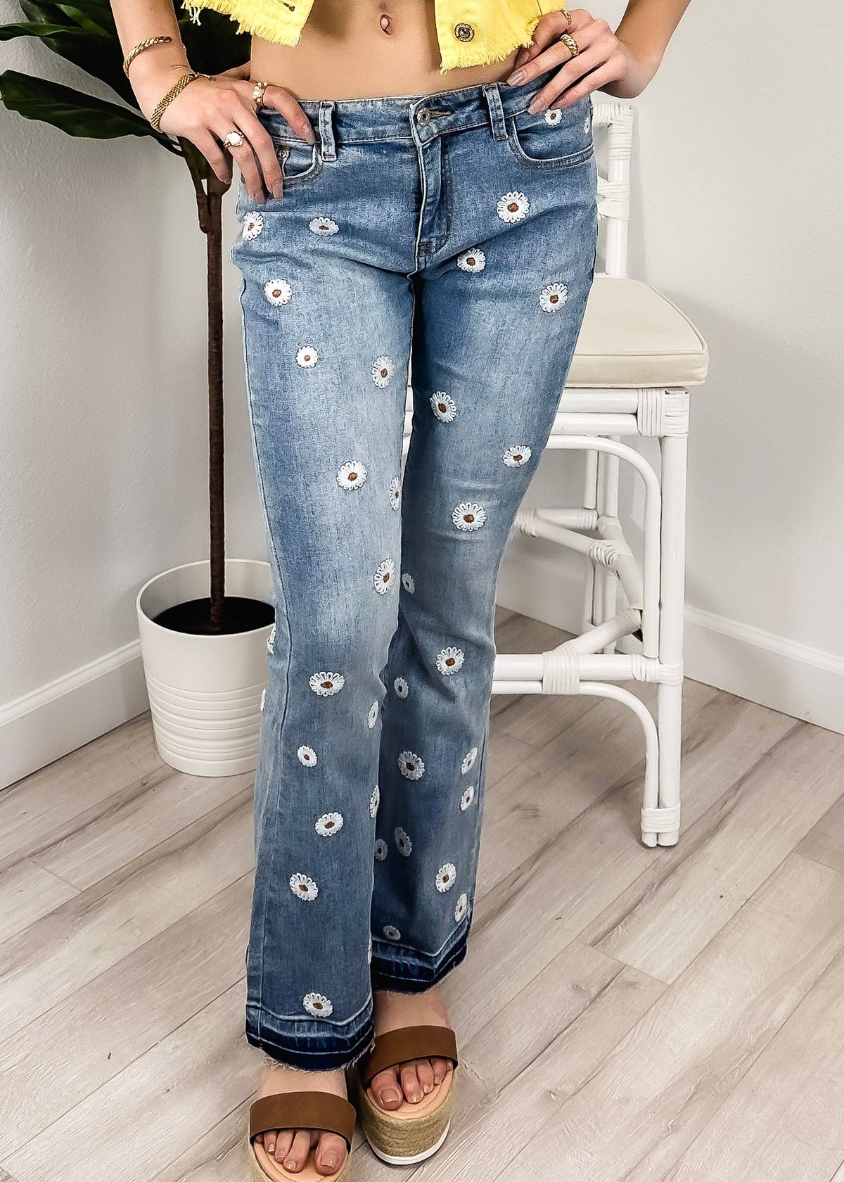 Floral Daisy Embroidered Mid Rise Bell Bottom Jeans – Anna-Kaci