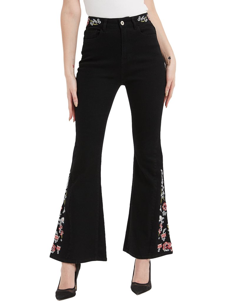 Floral Daisy Embroidered Mid Rise Bell Bottom Flare Frayed Hem Jeans - Black
