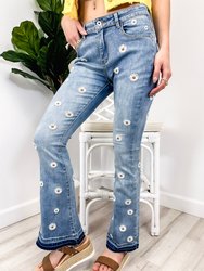 Floral Daisy Embroidered Mid Rise Bell Bottom Flare Frayed Hem Jeans - Light Denim