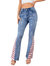 Floral Daisy Embroidered Mid Rise Bell Bottom Flare Frayed Hem Jeans - Flag