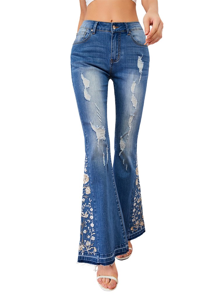 Floral Daisy Embroidered Mid Rise Bell Bottom Flare Frayed Hem Jeans - Light Denim Ripped