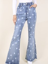 Floral Daisy Embroidered Mid Rise Bell Bottom Flare Frayed Hem Jeans - Star Blue