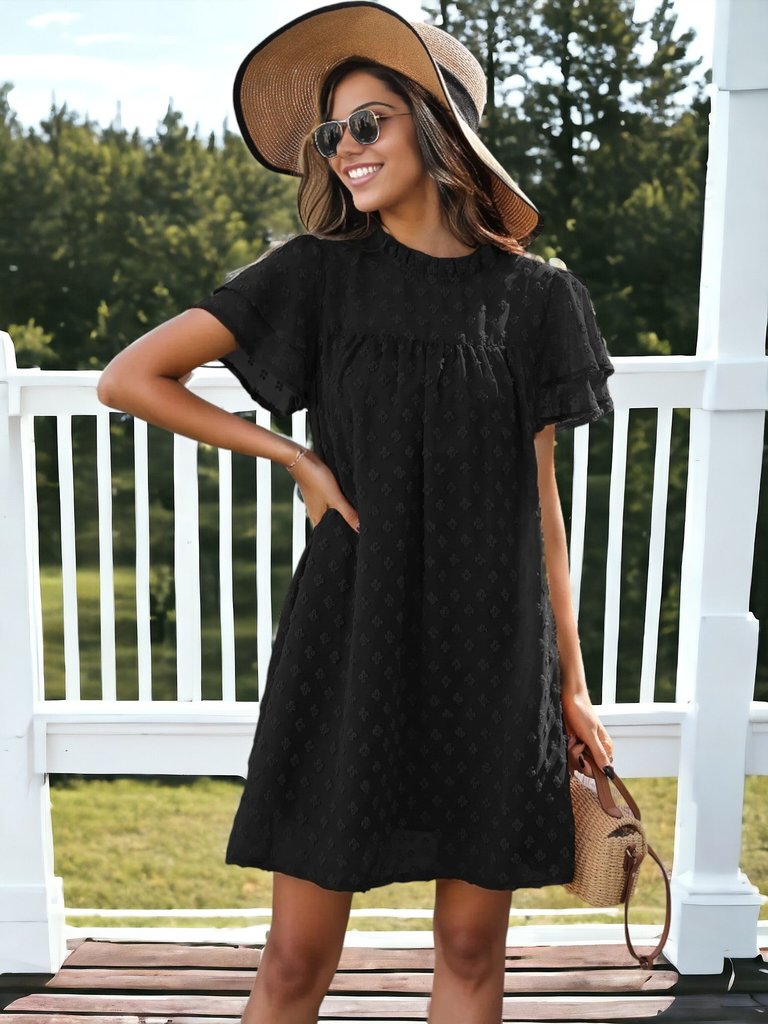 Floral Embroidered Ruffle Neck Dress - Black