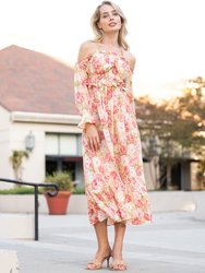 Floral Off-The-Shoulder Shirred Ruffled Puff Sleeve Midi Dress - Pink