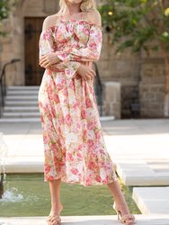 Floral Off-The-Shoulder Shirred Ruffled Puff Sleeve Midi Dress