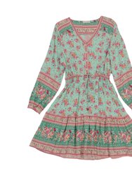 Floral Print Front Button Down Dress - Green