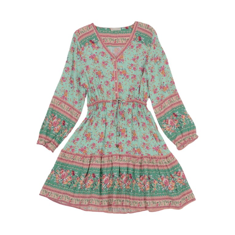 Floral Print Front Button Down Dress - Green