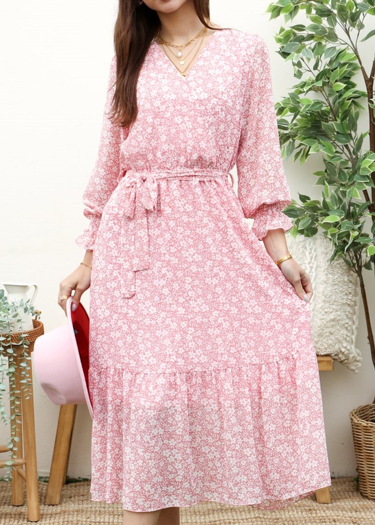 Floral Print Light Wrap Dress - Pink