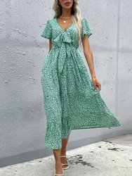 Floral Print Ribbon Front Dress - Green