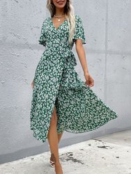 Floral Print Summer Wrap Dress - Green