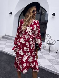 Floral Print Wrap Dress - Red