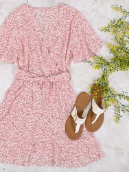 Floral Print Wrap-Tie V-Neck Mini Dress - Pink
