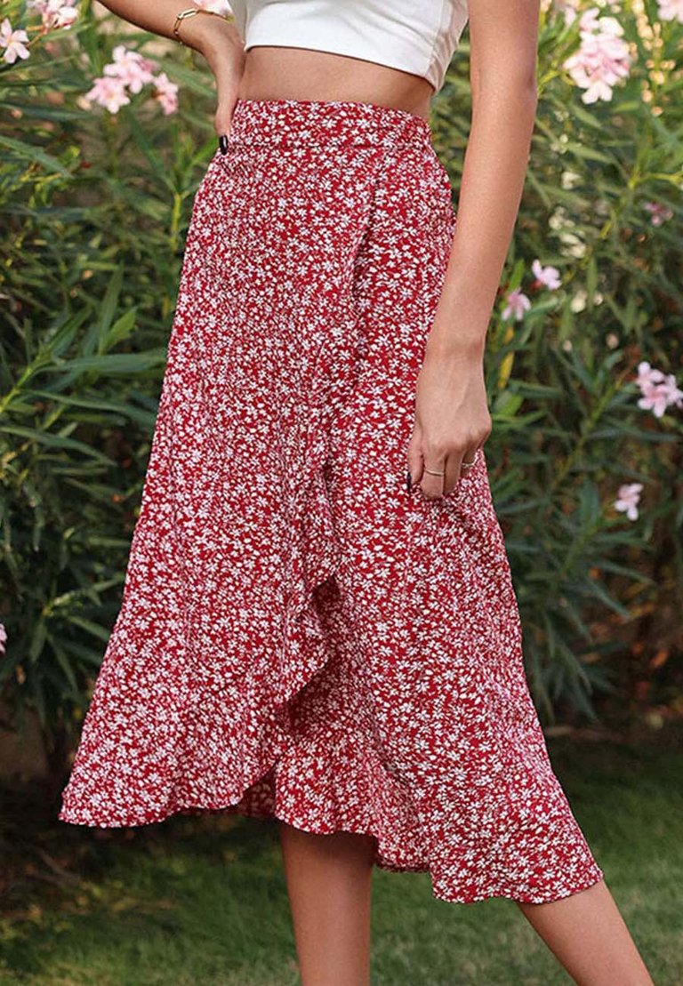 Floral Ruffle Wrap Skirt - Red