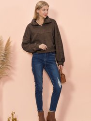 Fluffy Zip Up Sweater - Brown