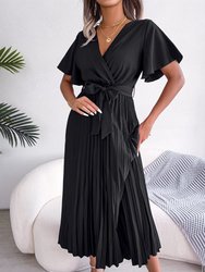 Flutter Sleeve Pleated Wrap Dress