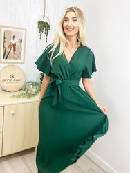 Flutter Sleeve Pleated Wrap Dress