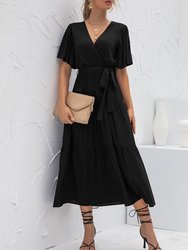 Flutter Sleeve Wrap Dress - Black