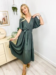 Flutter Sleeve Wrap Dress - Olive Green