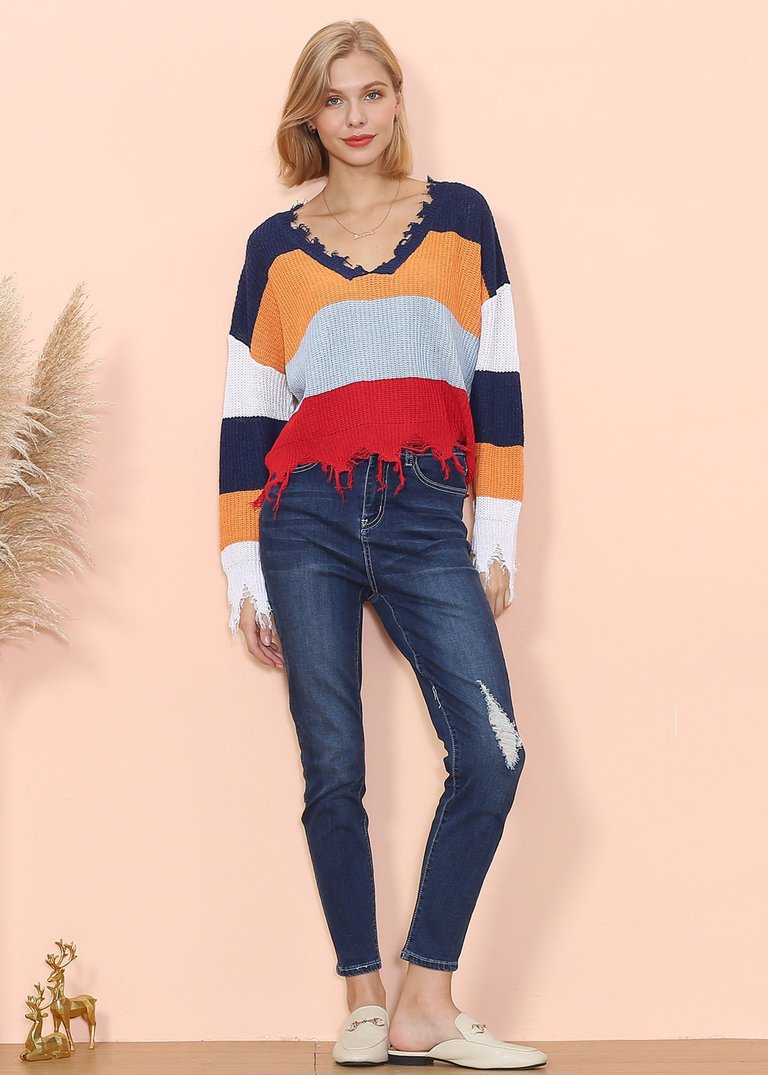 Color block clearance frayed sweater