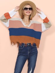 Frayed Hem Color Block Sweater - Orange