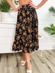 Gartered Floral Print Midi Skirt - Black