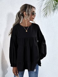 Gathered Ruffle Long Sleeve Blouse - Black