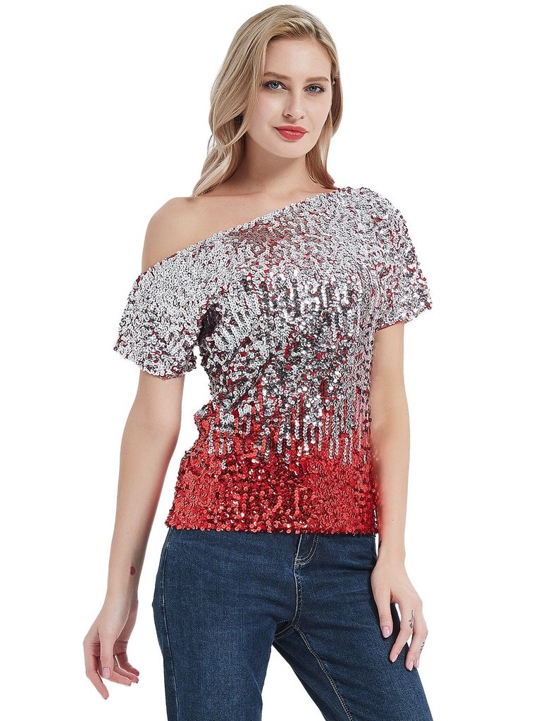 Glam Off-Shoulder Sequin Top - Silver and Red
