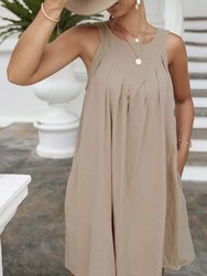 Halter Neck Pleated Shift Dress - Beige